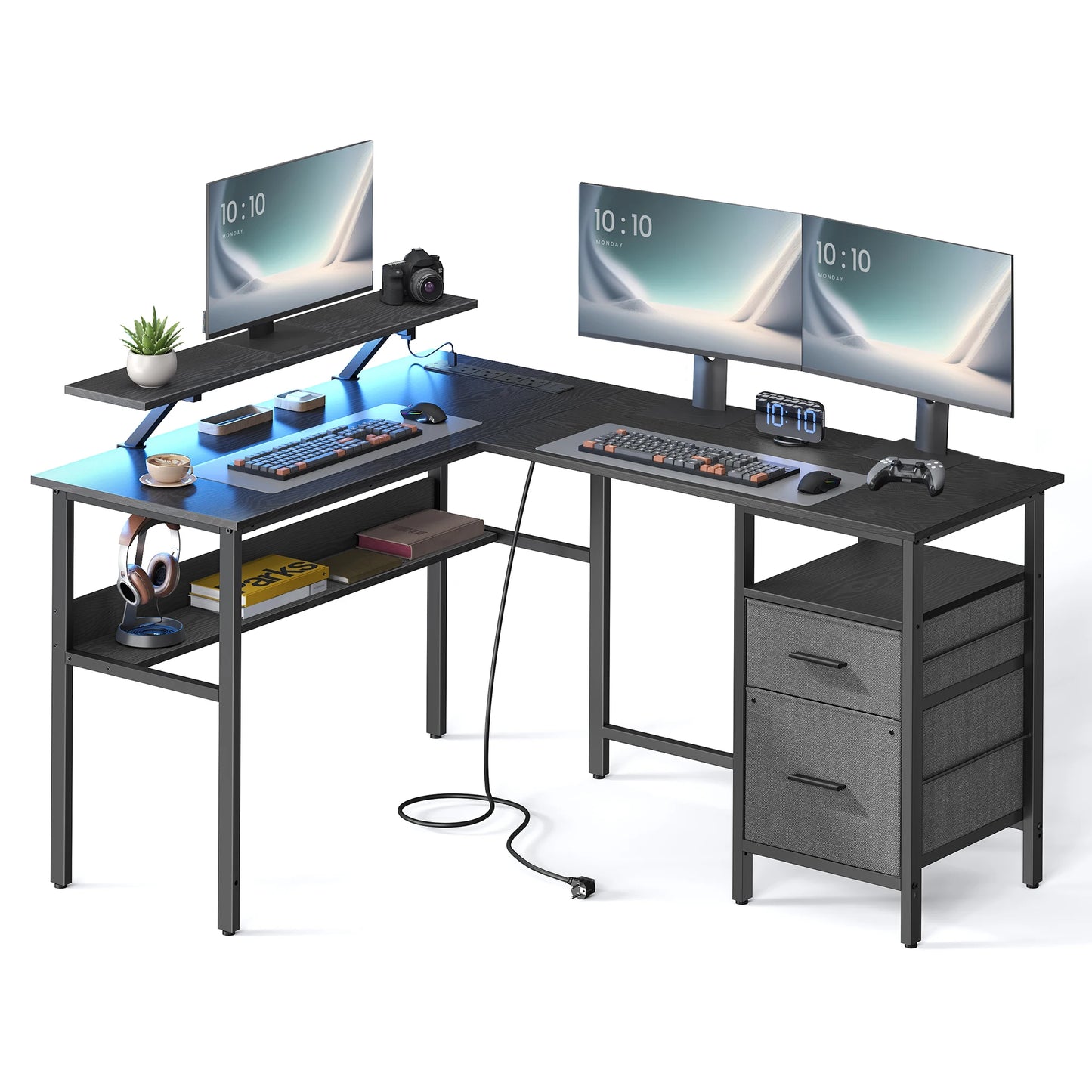 Bureau Gaming d’Angle en L avec LED, Rangement et Ports USB