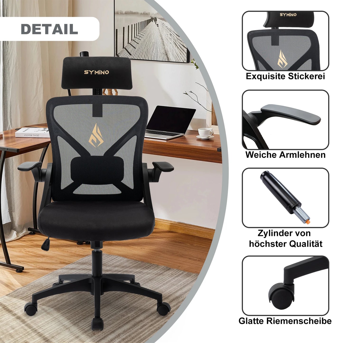 Chaise de Bureau Ergonomique avec Appui-tête, Accoudoirs et Soutien Lombaire