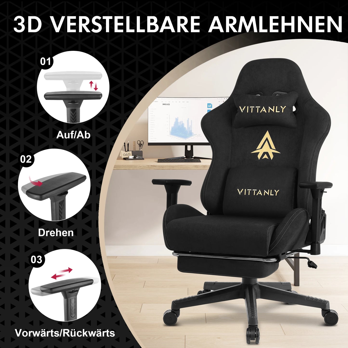 Chaise Gaming Ergonomique avec Soutien Lombaire et Accoudoirs 3D