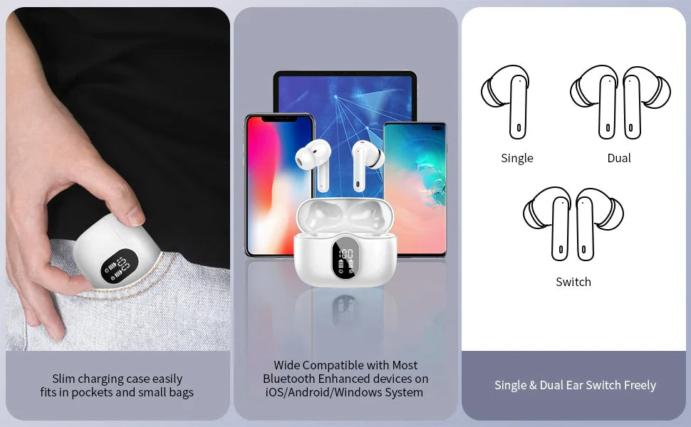 Écouteurs sans fil Bluetooth avec affichage LED