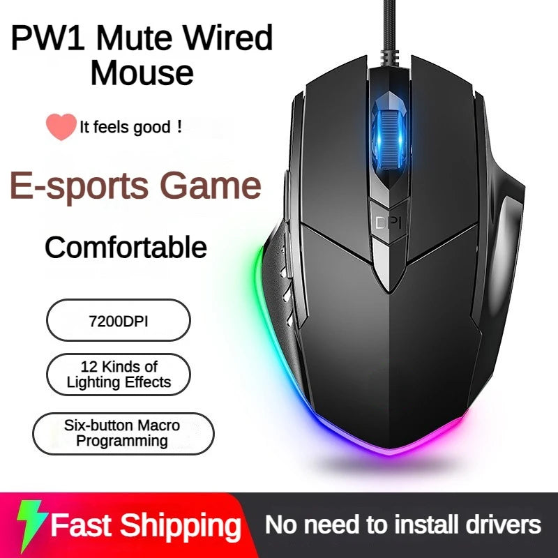 Souris filaire ergonomique silencieuse – DPI réglable – RGB