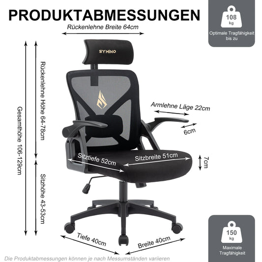 Chaise de Bureau Ergonomique avec Appui-tête, Accoudoirs et Soutien Lombaire