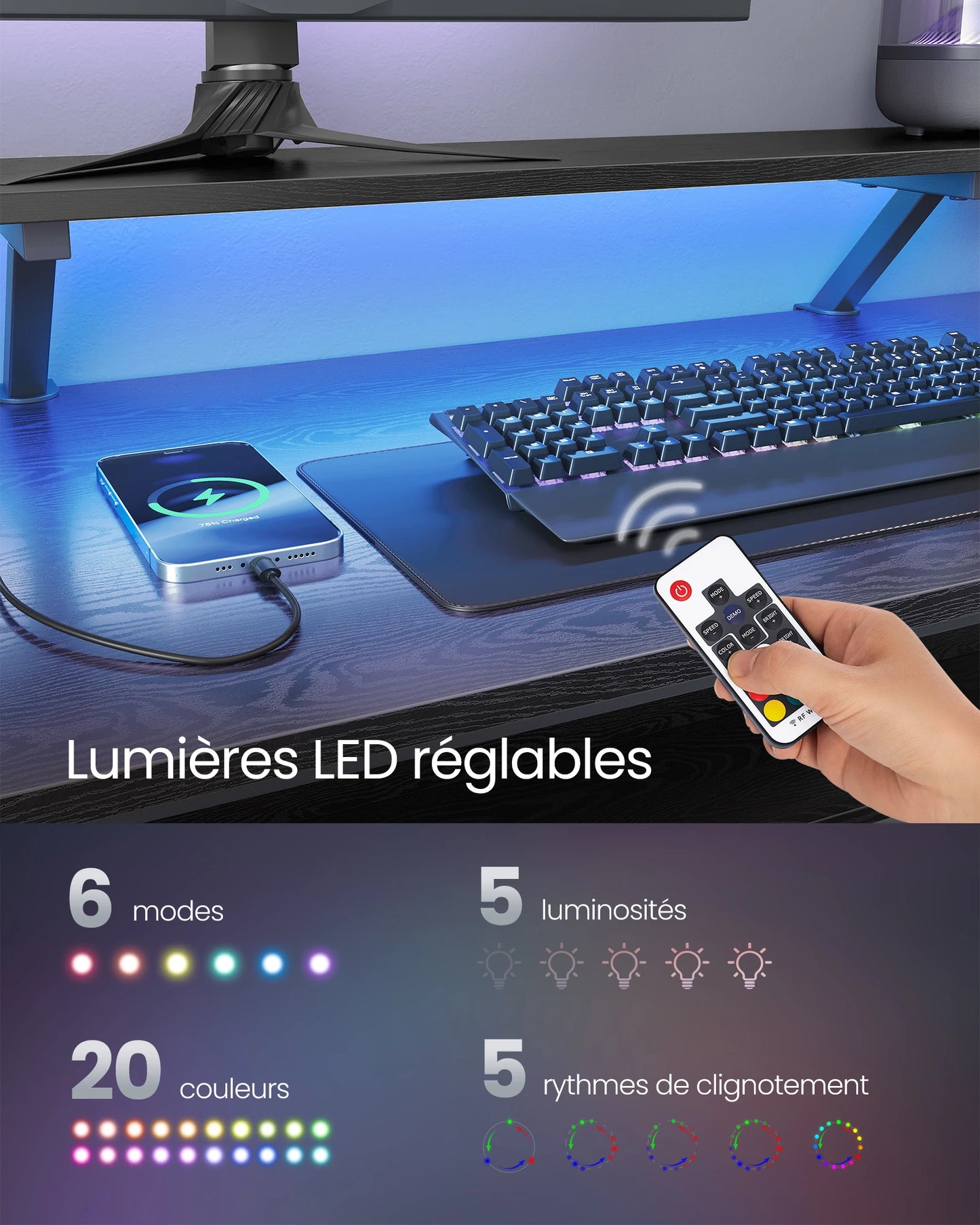 Bureau Gaming d’Angle en L avec LED, Rangement et Ports USB