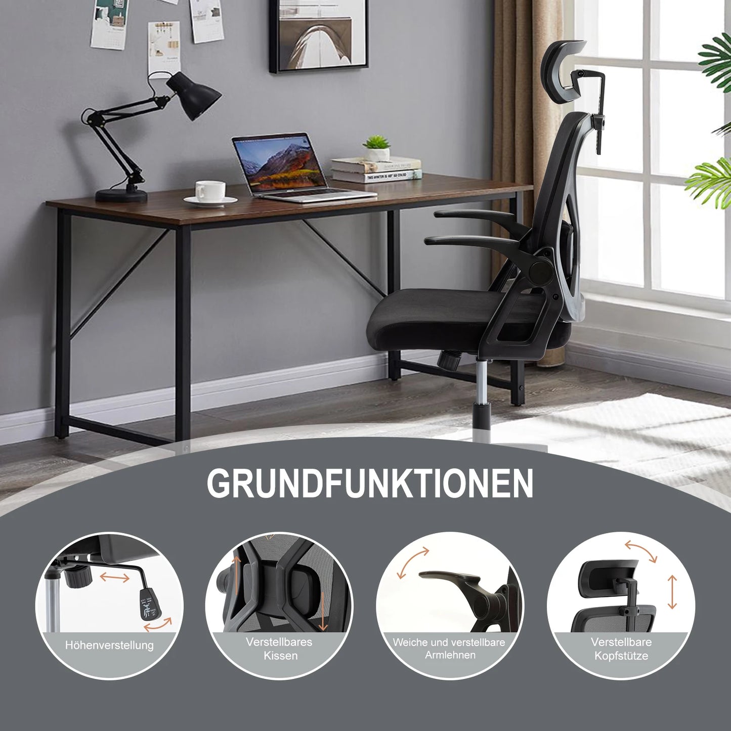 Chaise de Bureau Ergonomique avec Appui-tête, Accoudoirs et Soutien Lombaire