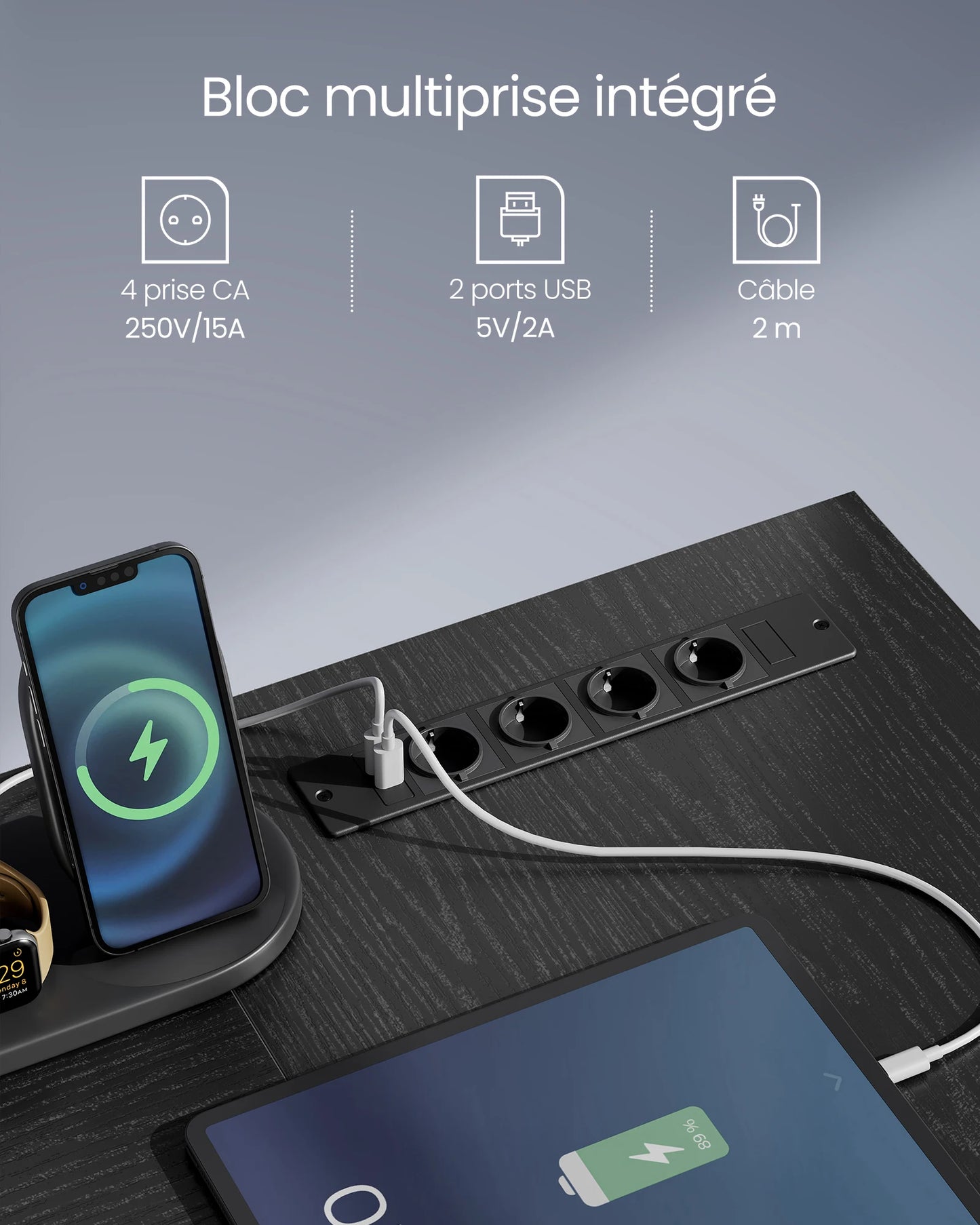 Bureau Gaming d’Angle en L avec LED, Rangement et Ports USB